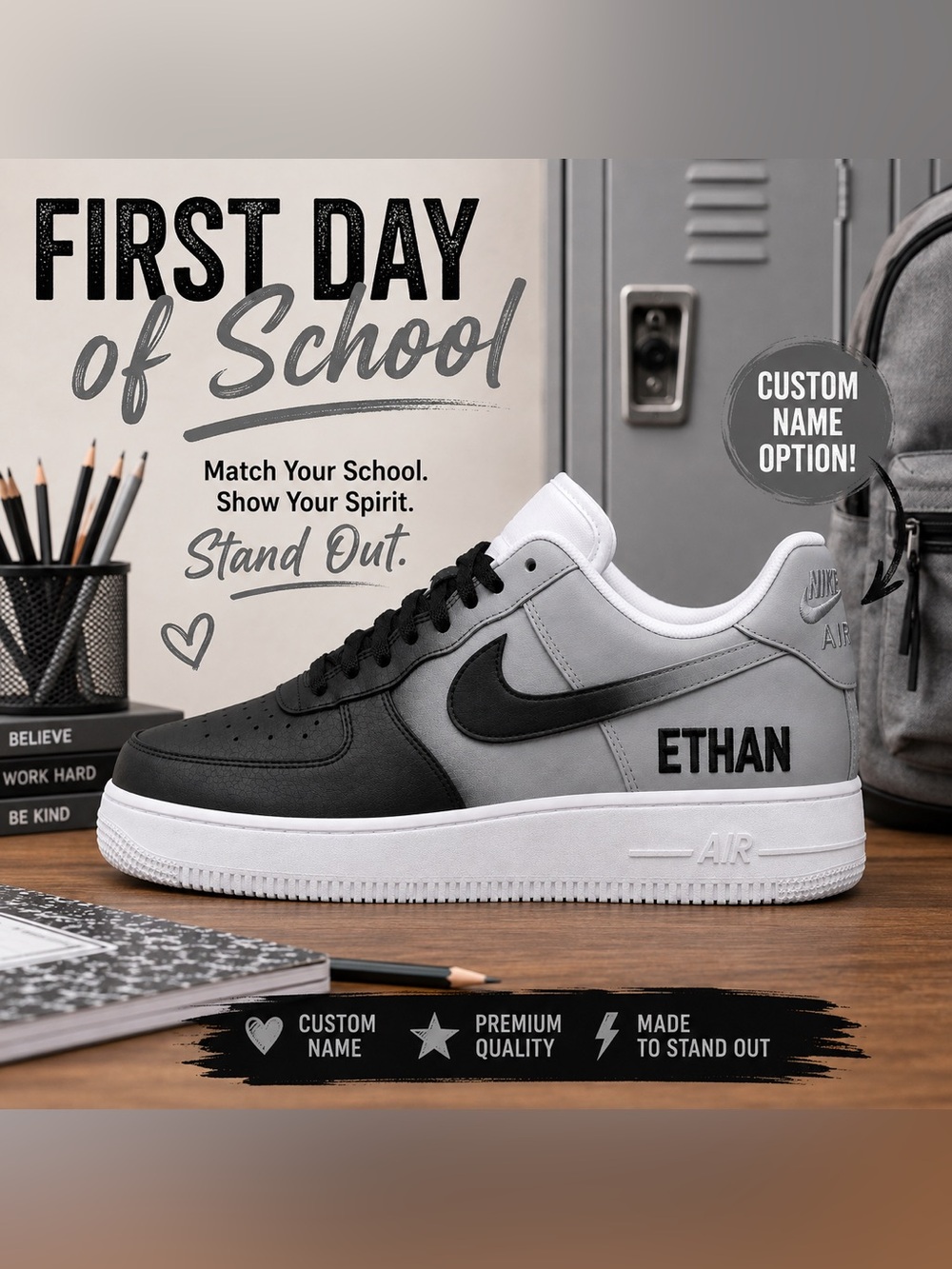 Custom School Spirit Nike Air Force 1 Shoes Personalized Back to School Sneakers